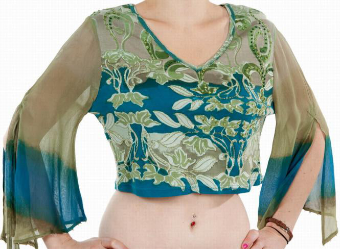 Crop Top mit Print und transparentem Schlitzärmel in Olivgrün/Petrol
