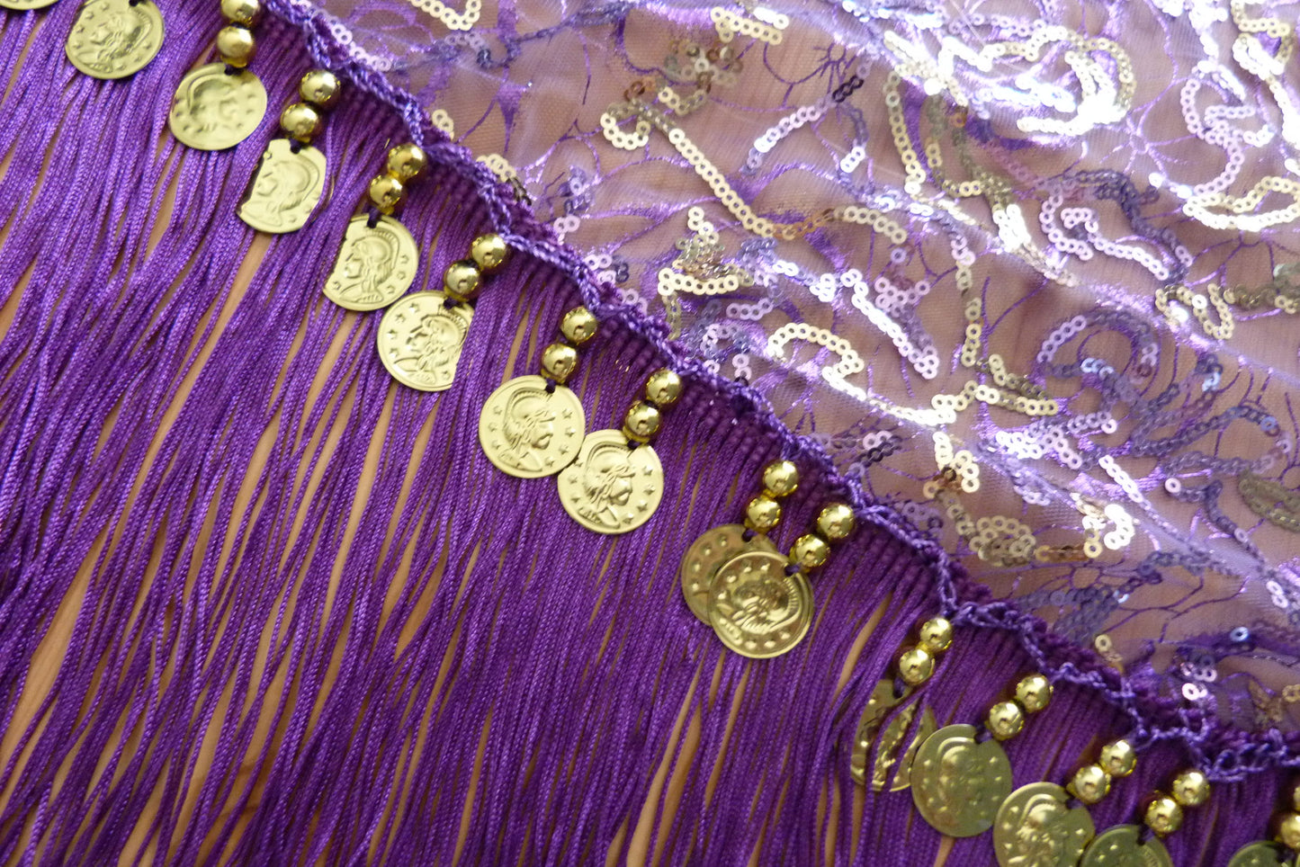 Bauchtanz Hüfttuch lila mit goldenen Linien und Münzen