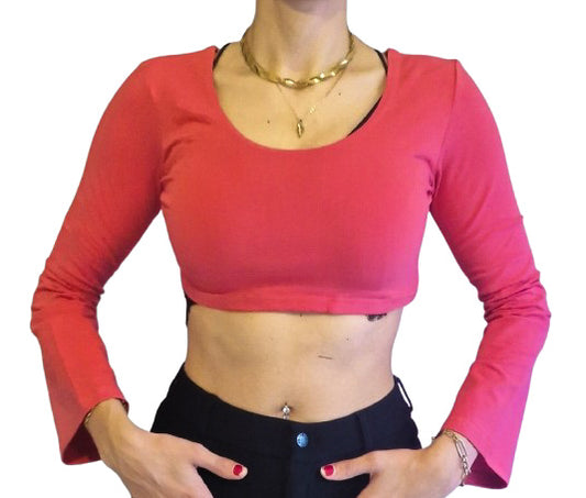 Bauchtanz Crop Top Farbe: Himbeere mit Trompetenärmeln