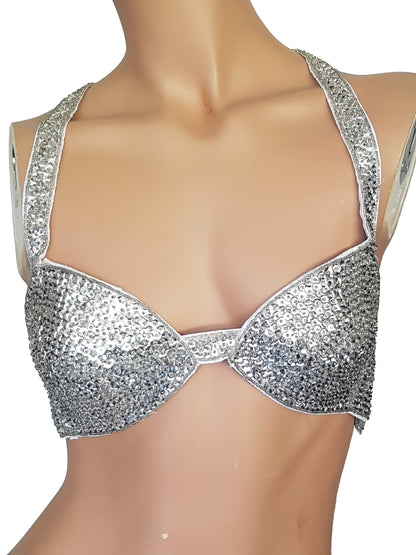 Schöner0Bauchtanz  BH in Silber handbestickt mit Pailletten