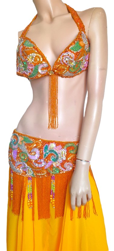 Bauchtanzkostüm BH und Gürtel orange mit grün