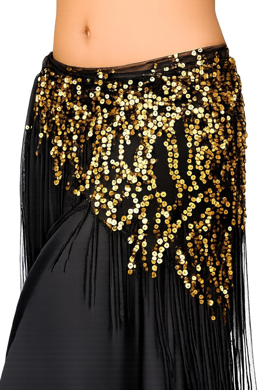 Langer Bauchtanz Hüftschal in Schwarz mit goldenen Pailletten