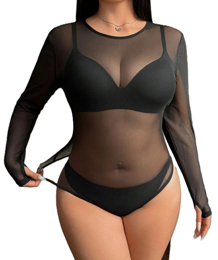 Bauchtanz-Body aus Mesh in Schwarz Mit langen Ärmeln