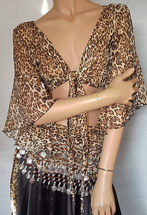 Süßes Chiffon-Top zum Binden mit Leopardenmuster und Schmetterlingsärmeln
