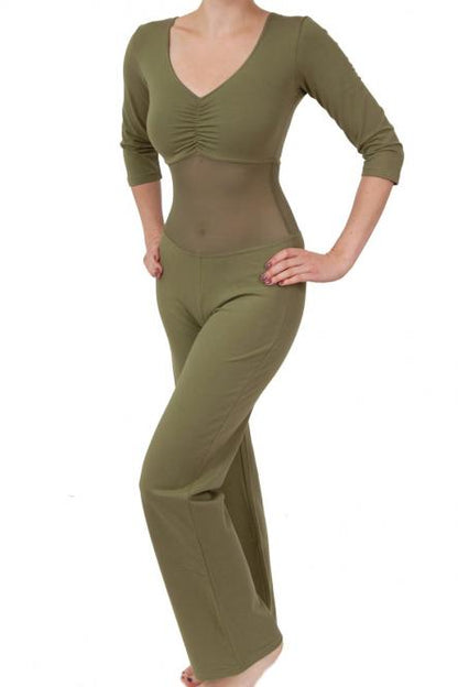 Bauchtanz-Catsuit olivgrün mit verstärktem Bauchnetz. Größe XS, S, 2XL und 3XL