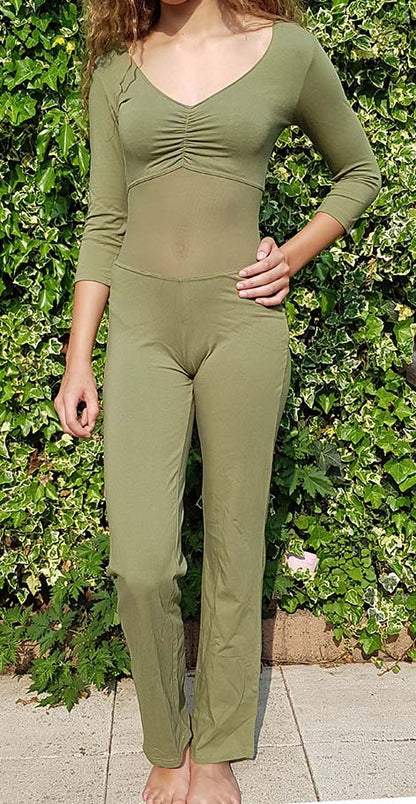 Bauchtanz-Catsuit olivgrün mit verstärktem Bauchnetz. Größe XS, S, 2XL und 3XL