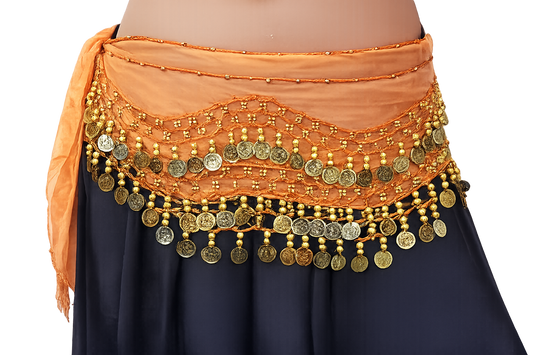 Bauchtanz Hüfttuch orange mit Goldmünzen