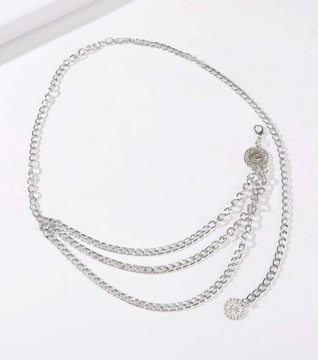 Bauchkette / Leichte, silberfarbene Hüftkette mit drei Lagen 