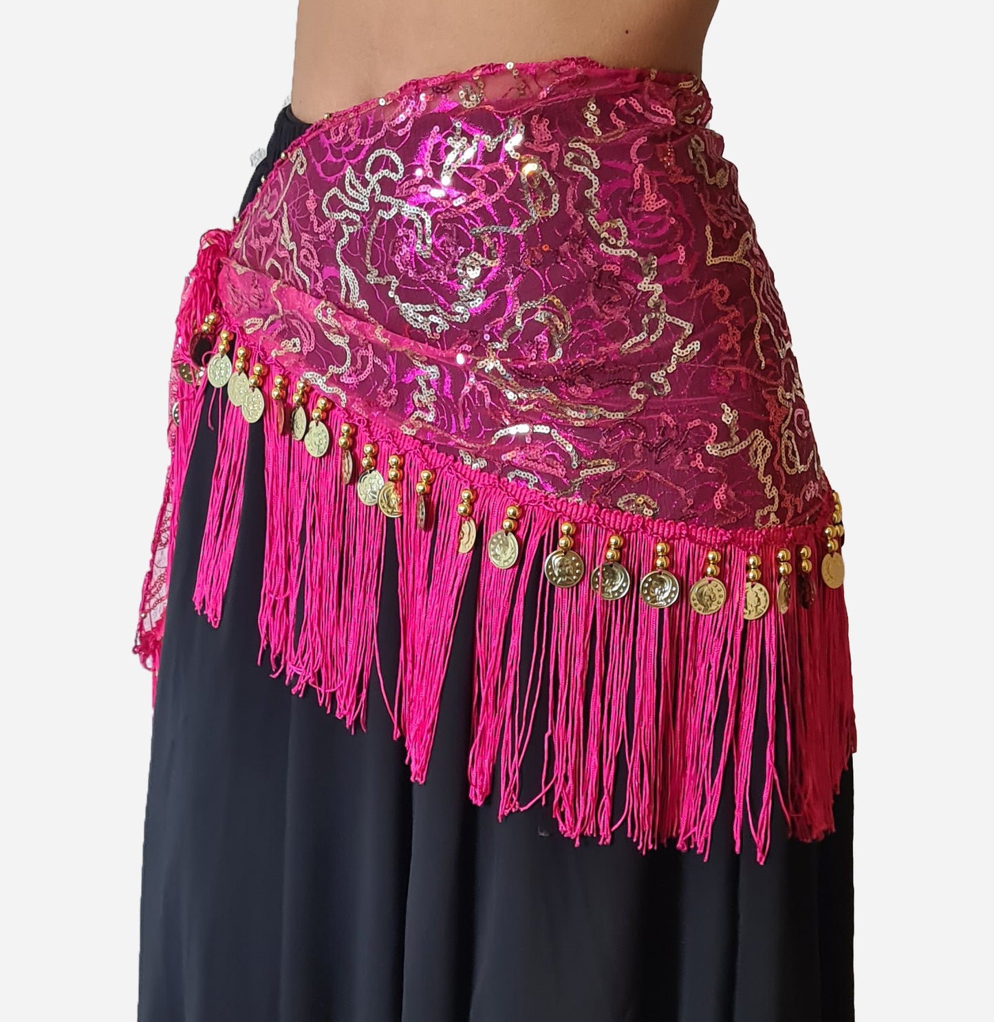 Hüfttuch fuchsia mit goldenen Linien und Münzen