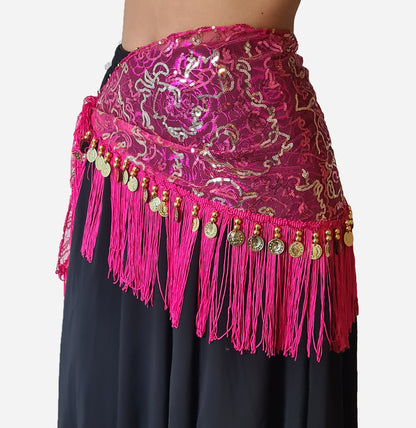 Hüfttuch fuchsia mit goldenen Linien und Münzen