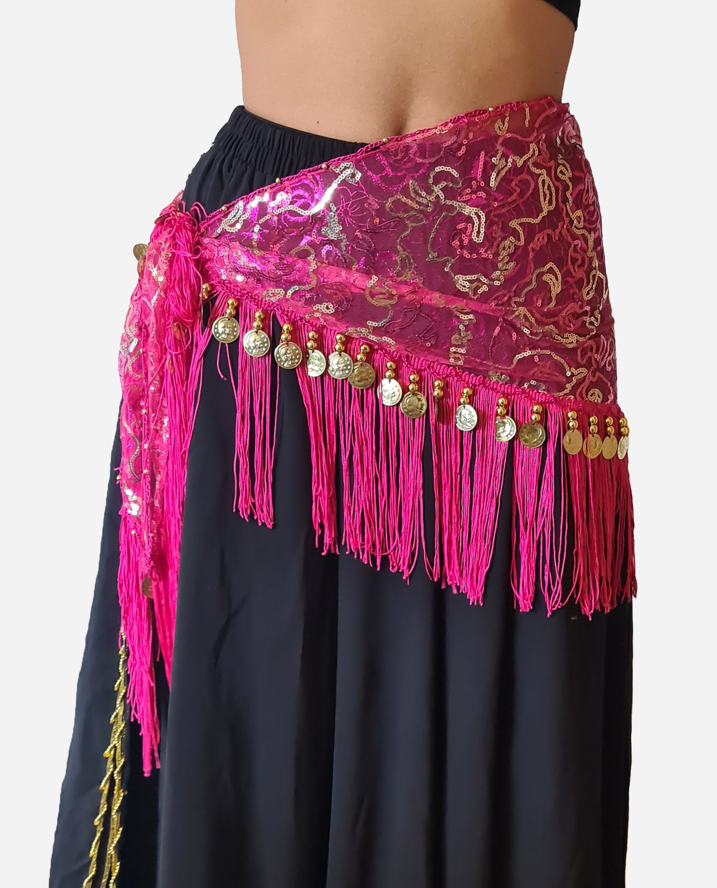 Hüfttuch fuchsia mit goldenen Linien und Münzen