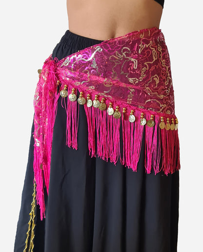 Hüfttuch fuchsia mit goldenen Linien und Münzen