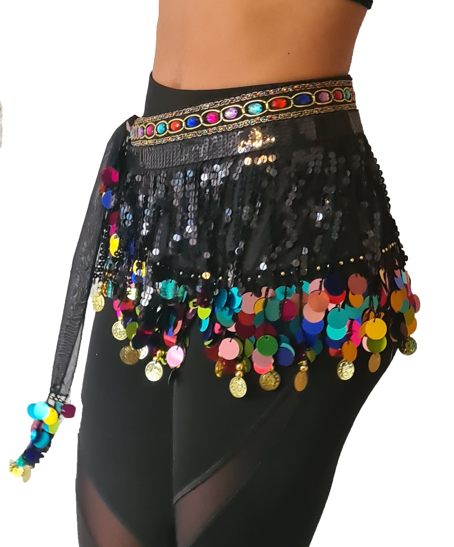 Neu; Bauchtanz-Hüfttuch in Schwarz und Mehrfarbig

 Mit schwarzen Pailletten und bunten Steinen und Münzen