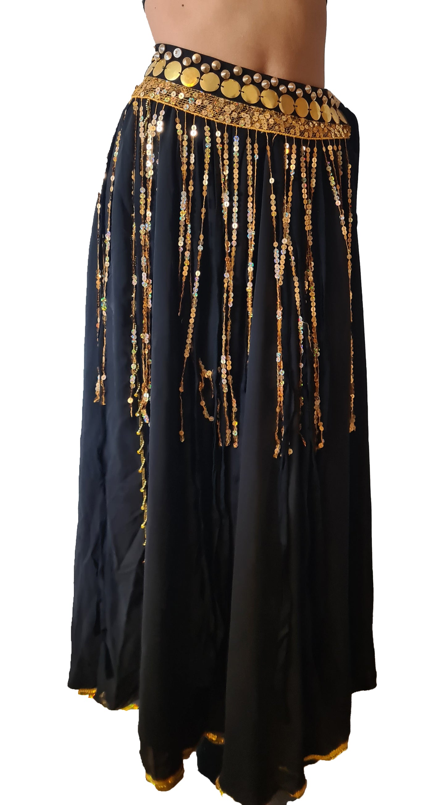 Bauchtanz-Hüfttuch Schwarz mit langen goldenen Strängen