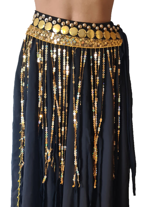 Bauchtanz-Hüfttuch Schwarz mit langen goldenen Strängen