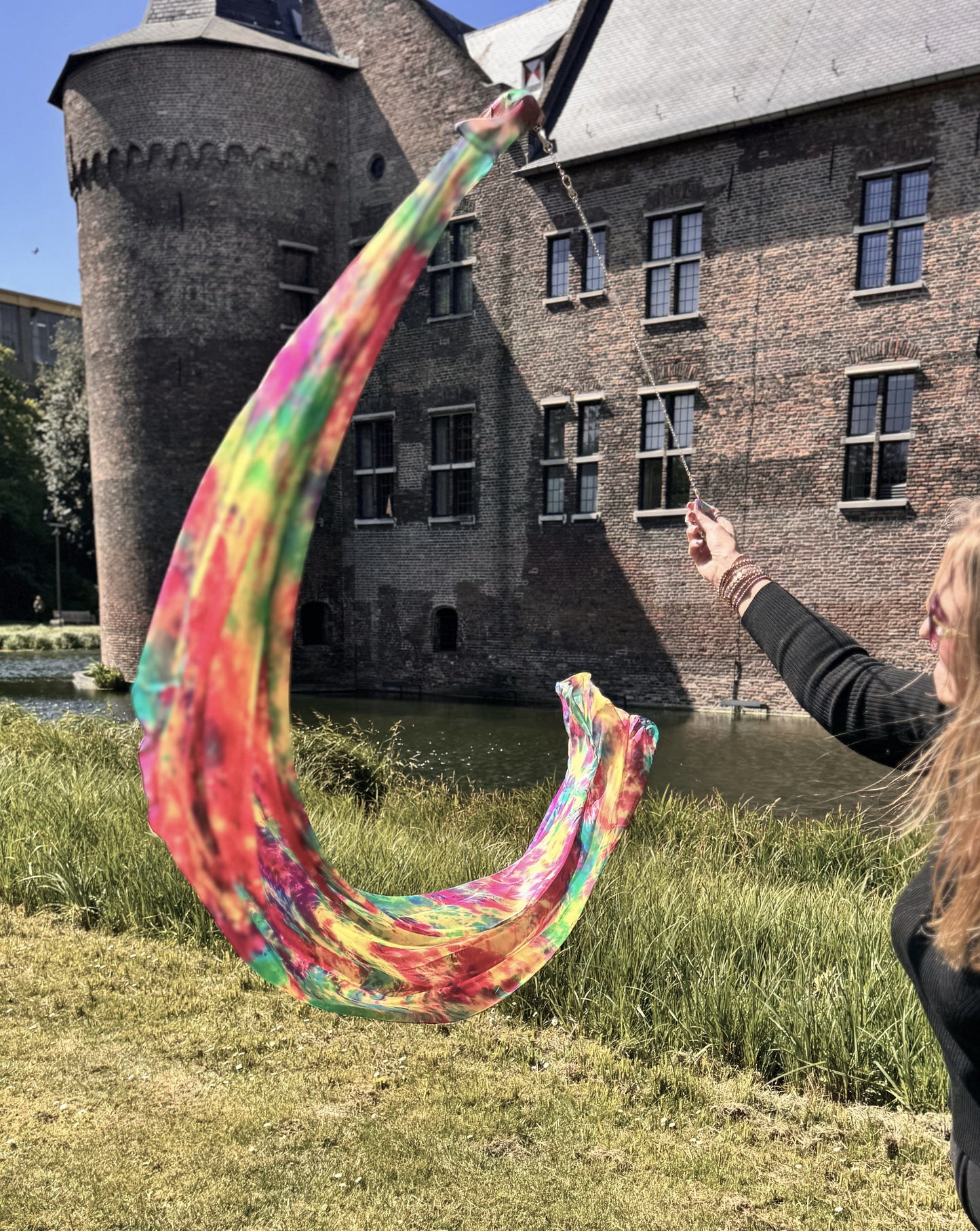 Seiden Bauchtanz Poi/Voi mit Seidenschleier in tie dye Spring Farben