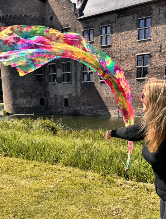 Seiden Bauchtanz Poi/Voi mit Seidenschleier in tie dye Spring Farben