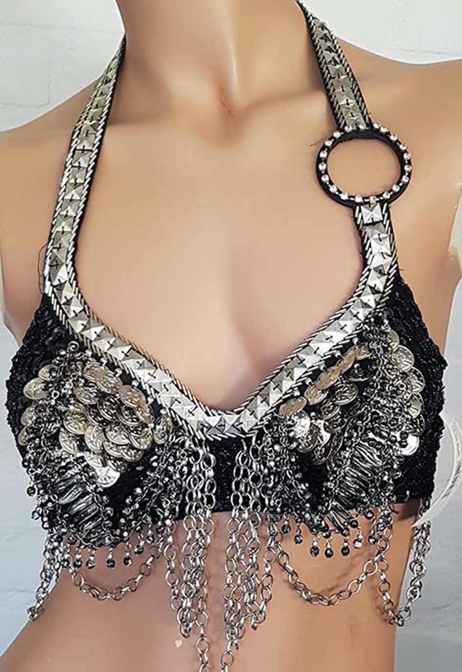 Tribal Bauchtanz-Set BH und Gürtel mit Ketten in Schwarz/Silber