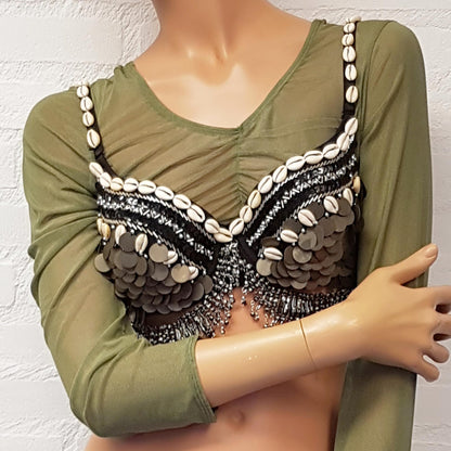 Super Sale! Bauchtanz Crop Top Netzstoff in Olivgrün