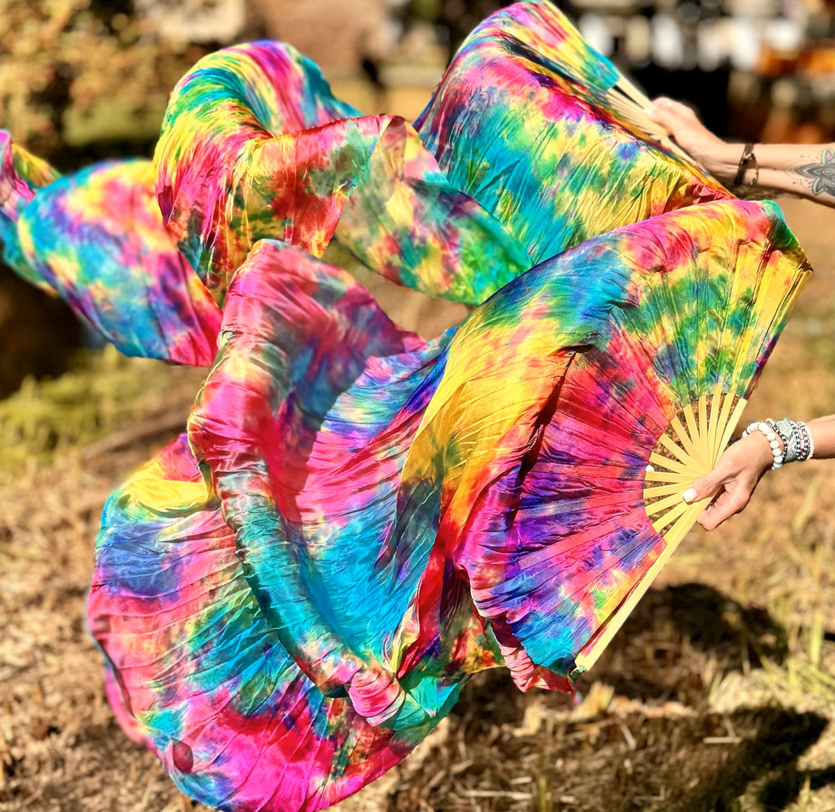 Wunderschönes Bauchtanz-Schleier-Fächer-Set aus Seide „Frühling“