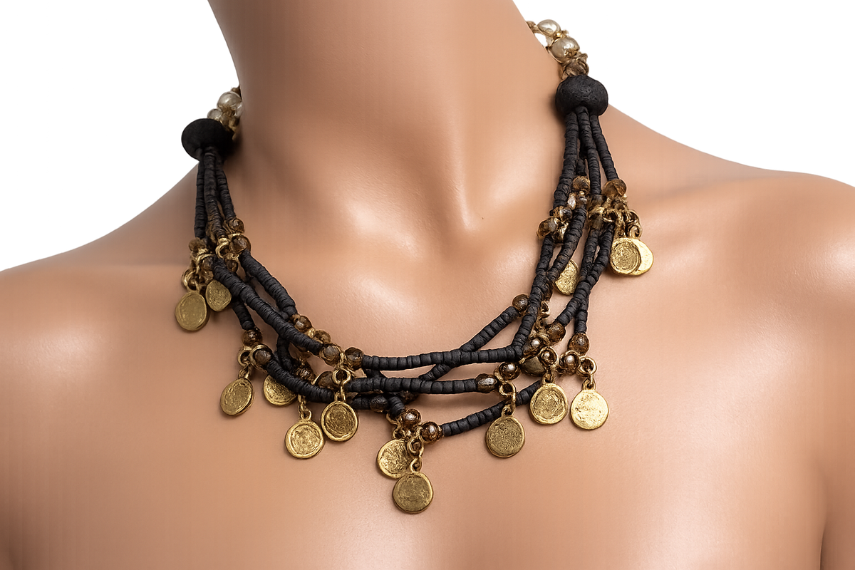 necklace wooden beads and gold coins
