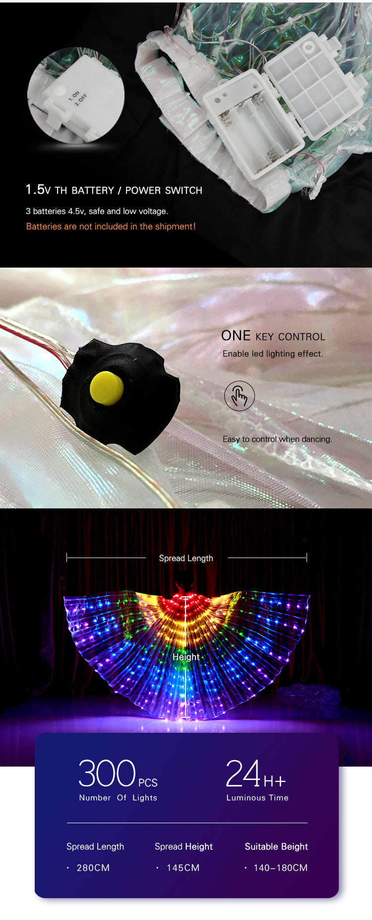 Isis Wings Organza mit Regenbogen-LED-Lichtern.