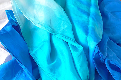 Bauchtanz Seidenschleier im Blau, Türkis und Weiß 100% Seide