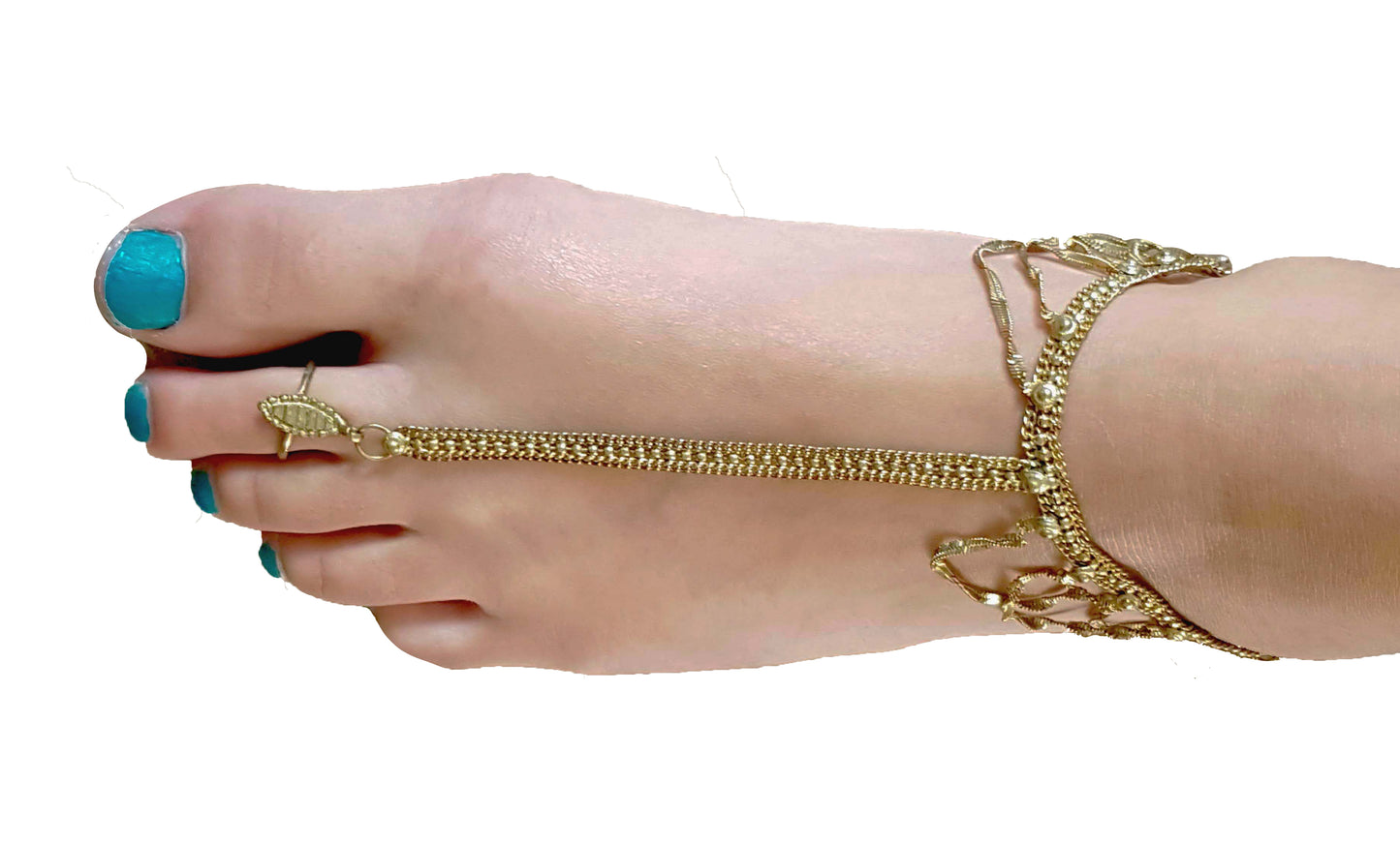 Fußschmuck mit verstellbarem Ring und Fesselriemchen in Gold